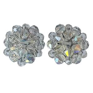 60s Signed Germany Aurora Borealis White Crystal Beaded Starburst Clip Earrings